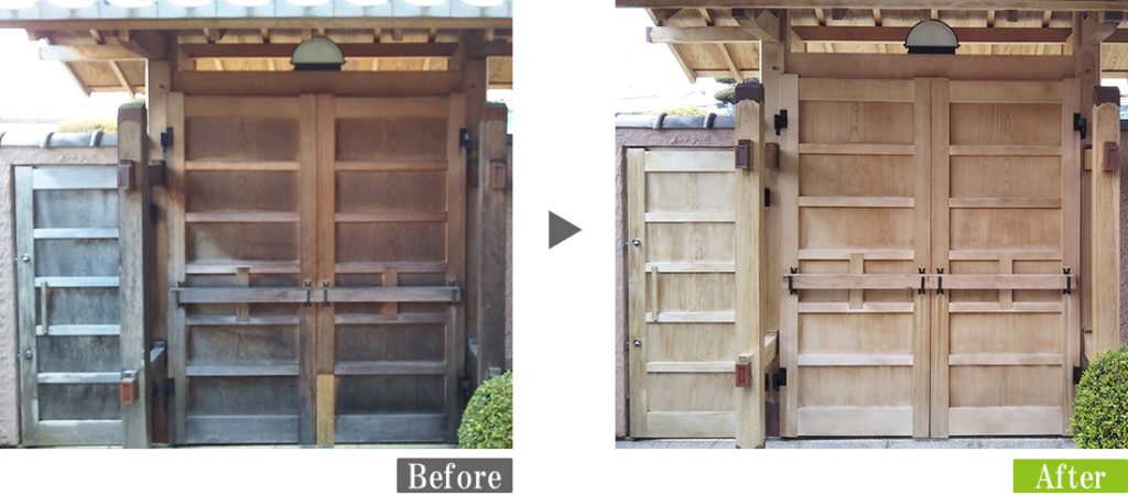 G-Eco工法施工事例　数寄屋門の洗浄後、防カビ・防菌剤で保護